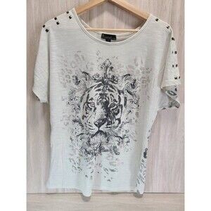 Signature Studio Tiger Graphic Top Womens M Studded Shoulder Animal Print Tee